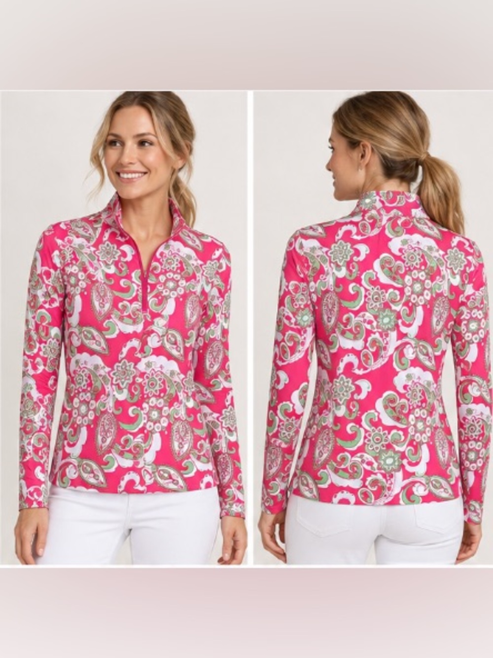 SanSoleil Pink Paisley Quarter Zip UPF 50+ Golf Tennis Top M